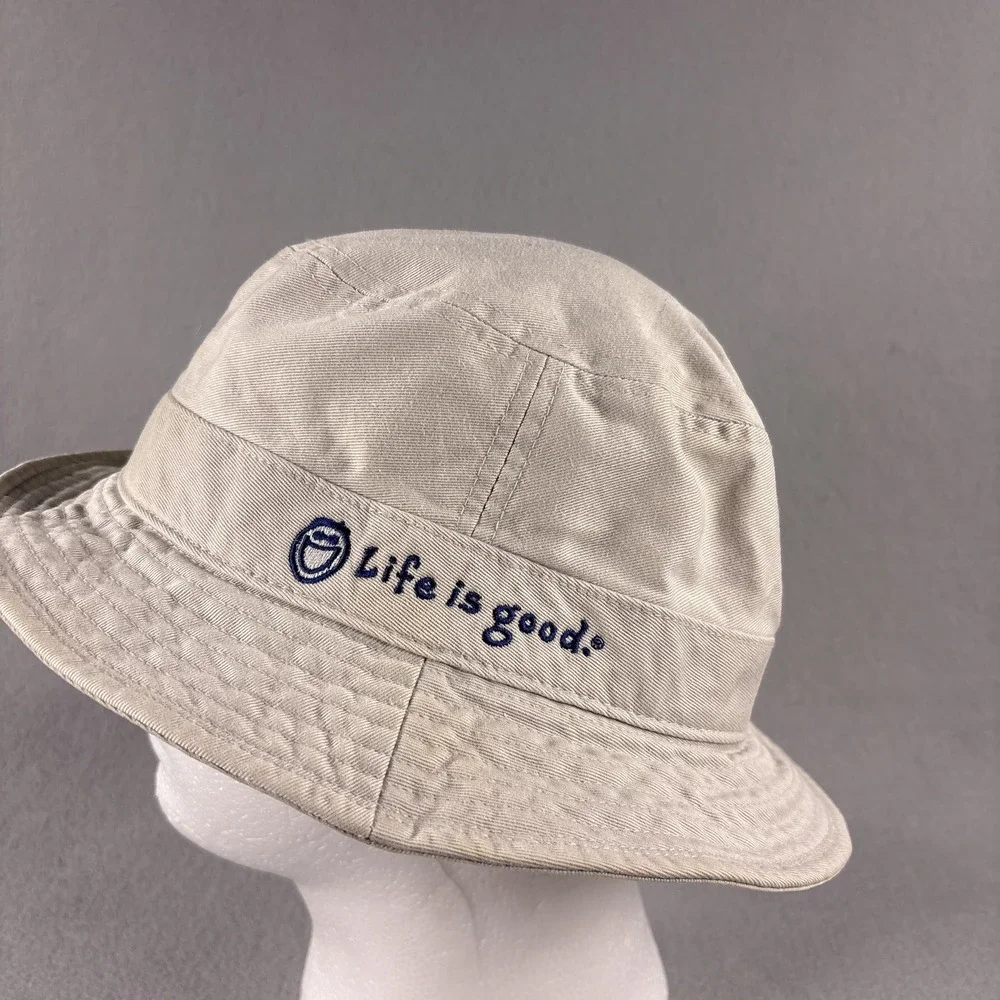 VTG Life Is Good Bucket Hat Size M/L Khaki Fishing Hiking Embroidered Cap